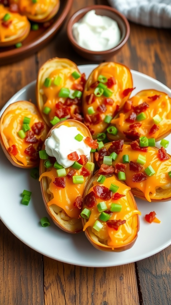 Golden potato skins topped with cheese, bacon, and green onions, served with sour cream.